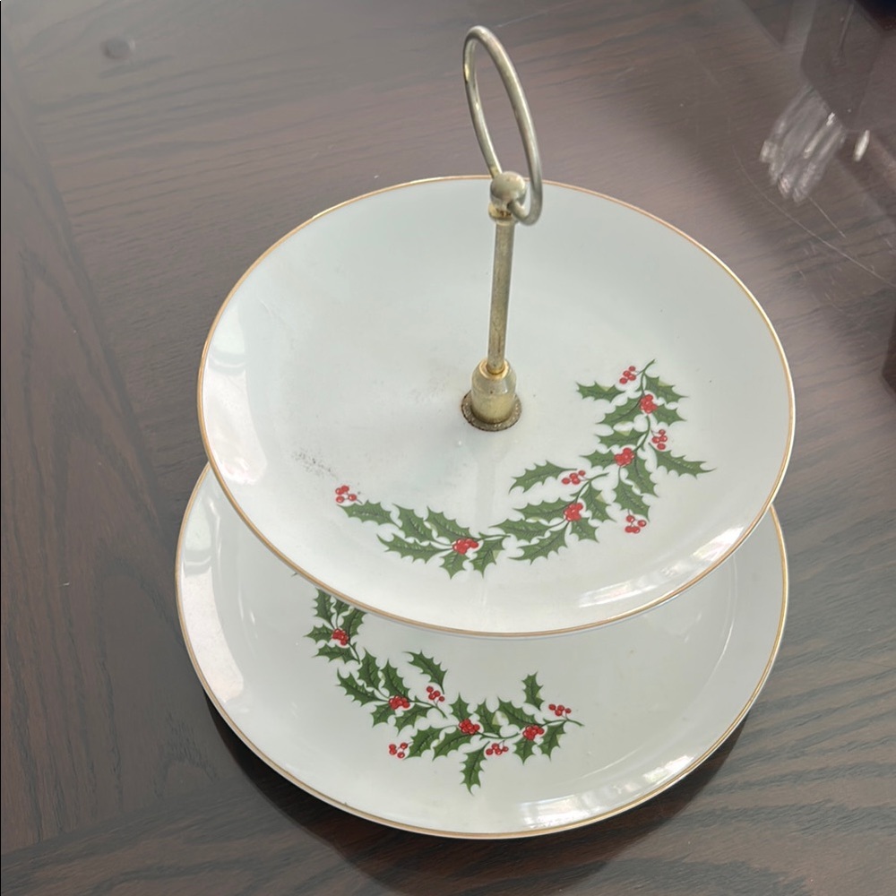 Vintage Festive Two-Tiered Serving Tray with Holly Design